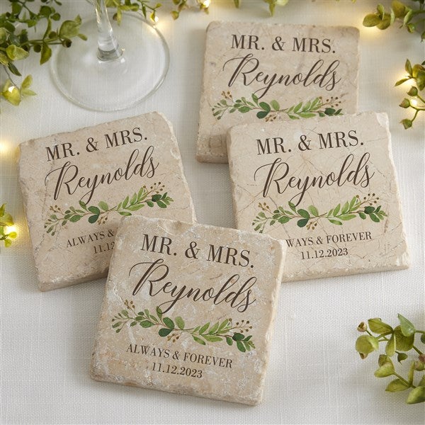 Laurels of Love Personalized Wedding Tumbled Stone Coasters - Set of 4