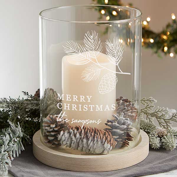 Festive Foliage Personalized Christmas Wood Hurricane Candle Holder - 29075