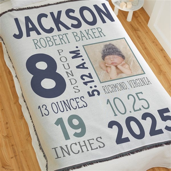 Baby Boy Photo Birth Stats Personalized Baby Blankets - 30078