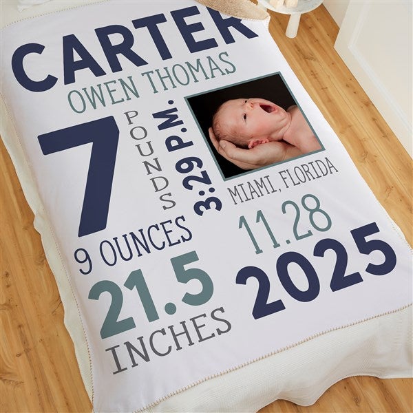 Baby Boy Photo Birth Stats Personalized Baby Blankets - 30078