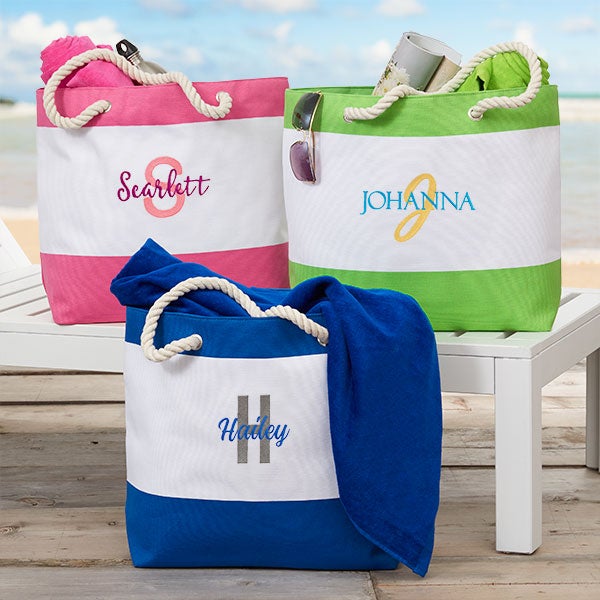 Playful Name Embroidered Green Beach Tote