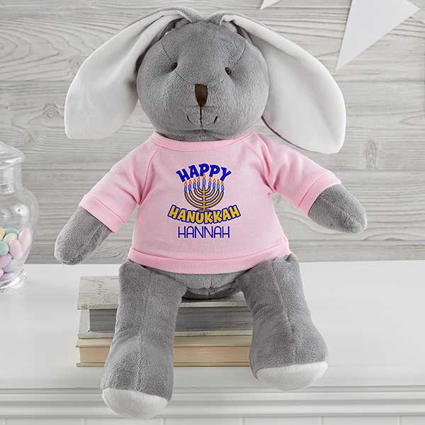 Happy Hanukkah Personalized White and Grey Plush Bunny - 31678