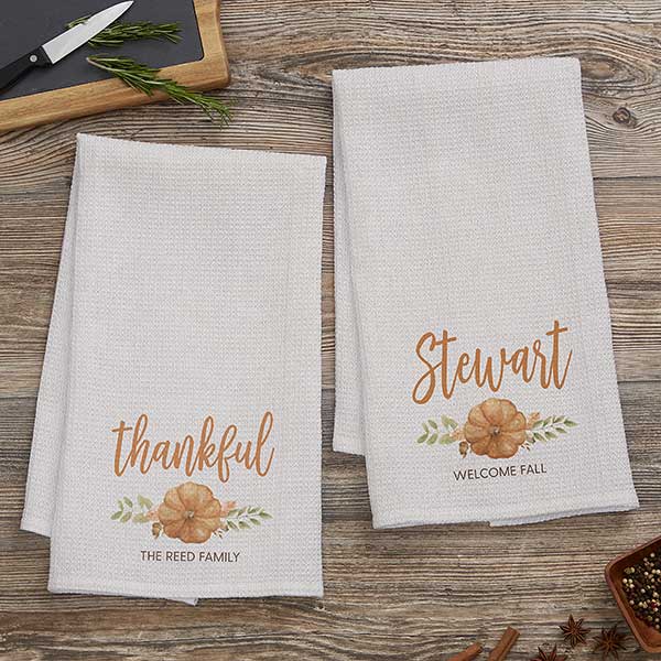 Seasonally Script Personalized Fall Waffle Weave Kitchen Towel