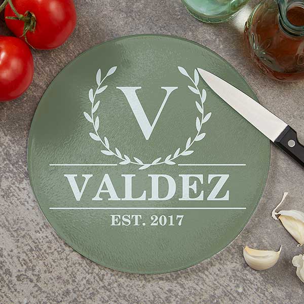 Laurel Wreath Personalized Round Glass Cutting Boards - 32425