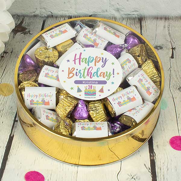 Pastel Birthday Personalized Tin with Hershey's & Reese's Mix - 32442D