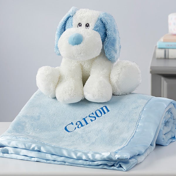 Embroidered Blue Satin Trim Baby Blanket with Plush Puppy Set