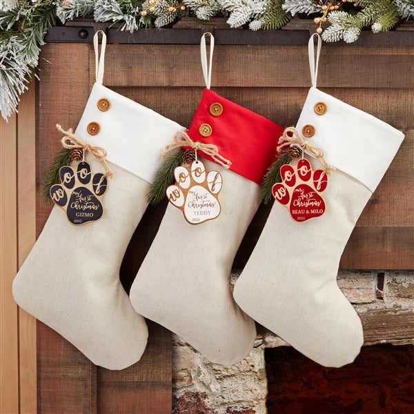 Happy Howl-idays Ivory Stocking with Personalized Black Wood Tag