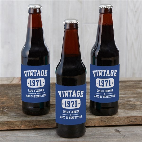 Vintage Birthday Personalized Beer Bottle Labels & Bottle Carrier - 34308