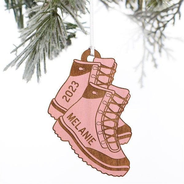 Hiking Boots Personalized Wood Ornament Pink Stain