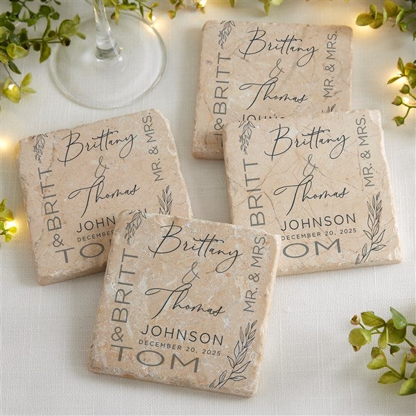 Elegant Couple Personalized Wedding Tumbled Stone Coaster Set  - 37823