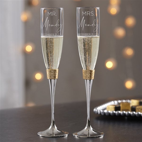 Personalized Gold Hammered Wedding Champagne Flute Set - Elegant Couple - 37842