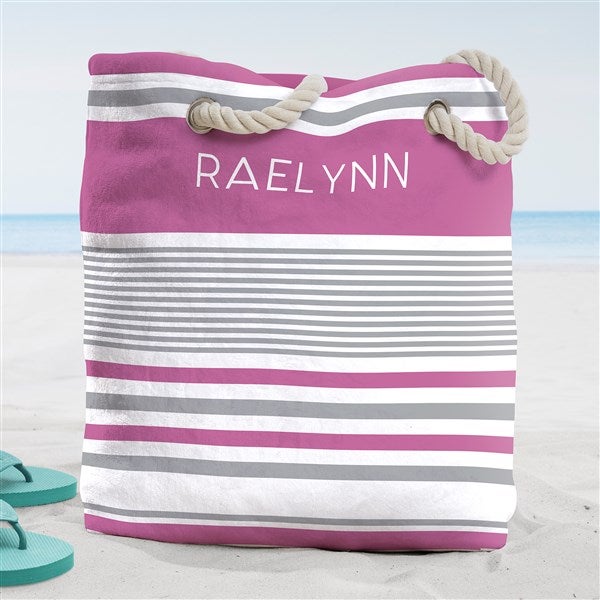 Monogram Pink Stripe Tote Bag - Rope Handles Navy Blue