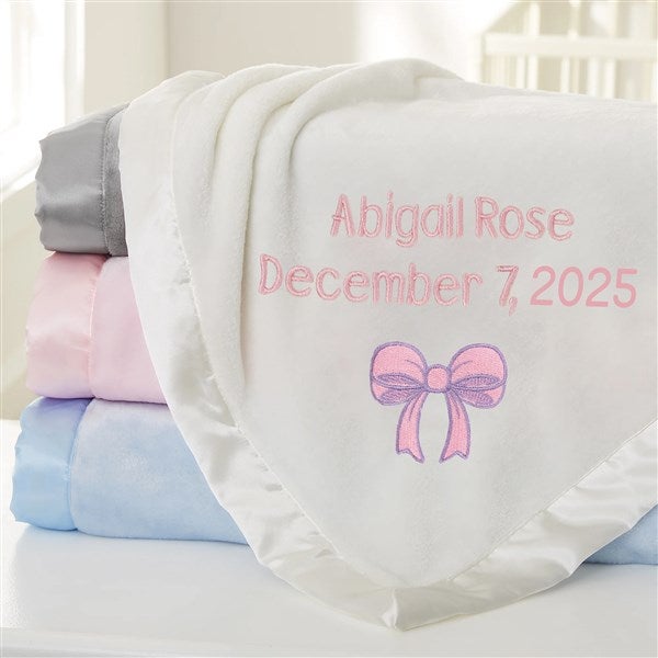 Baby Bow Embroidered Satin Trim Baby Blanket  - 38297