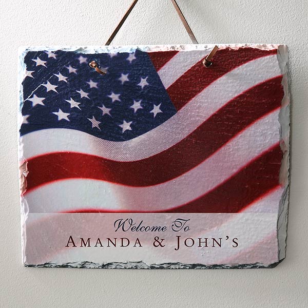 Personalized Slate Wall Plaque - American Flag Stars & Stripes Design - 3986