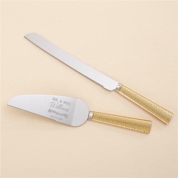 Laurels Of Love Engraved Cake Knife & Server Gold Hammered Set  - 40552