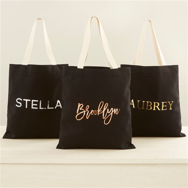 Metallic Foil Name Personalized Black Tote Bag