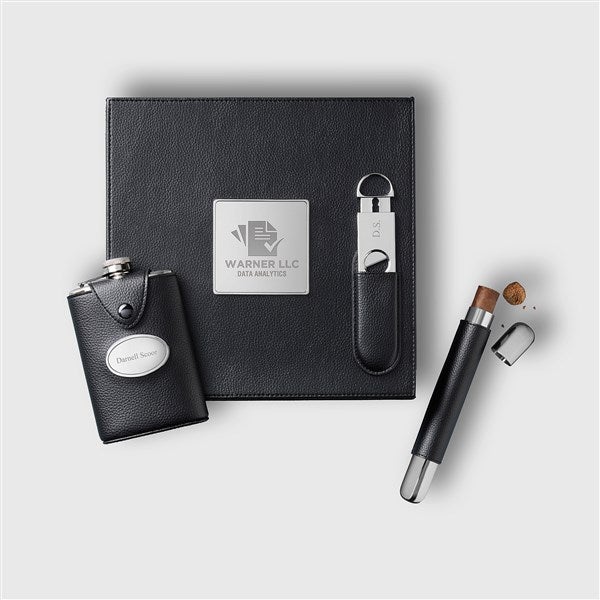 Personalized Logo Vegan Leather Cigar and Flask Set - 43887