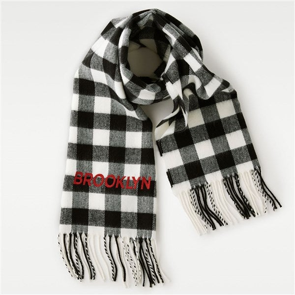 Embroidered Soft Fringe Scarf in Black and White Buffalo Plaid