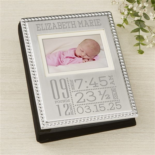 Baby Love Birth Information Engraved Silver Beaded Mini Photo Album - 46821