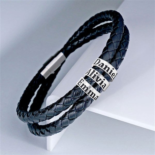 Men's Custom Name Black Leather Bracelet-3 Names