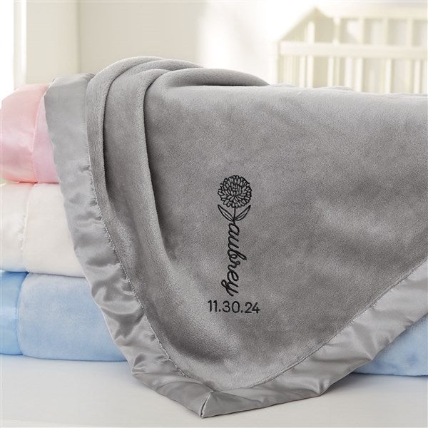 Baby Birth Flower Name Embroidered Satin Trim Baby Blanket - 48394