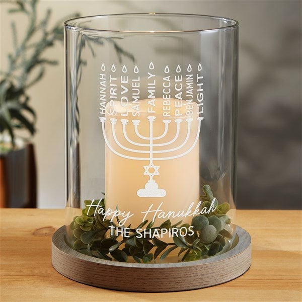 Hanukkah Menorah Personalized Hurricane with Whitewashed Wood Base - 48943