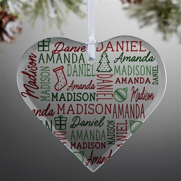 Holiday Repeating Name Personalized Glass Heart Ornament - 49159