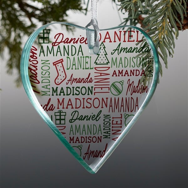 Holiday Repeating Name Personalized Glass Heart Ornament - 49159