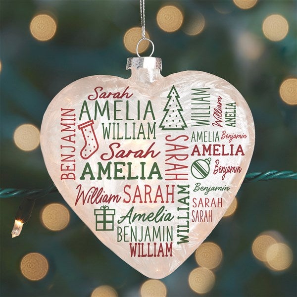 Holiday Repeating Name Personalized Lightable Frosted Glass Heart Ornament - 49333