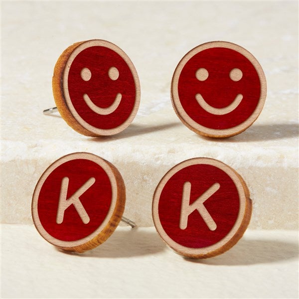 Smiley Face Personalized Wood Stud Earrings - 49893