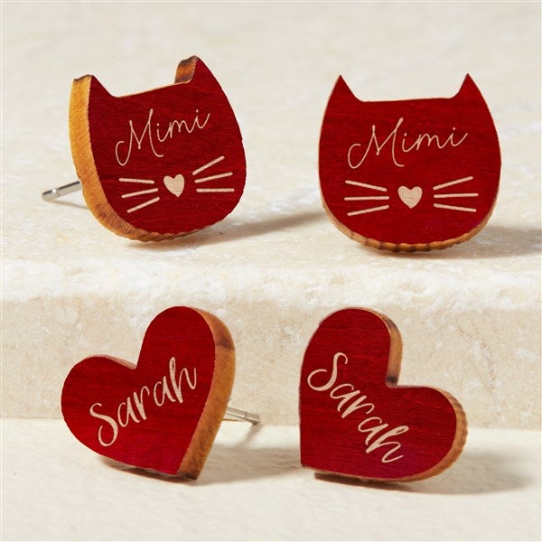 Cat & Heart Personalized Wood Stud Earrings - 49894