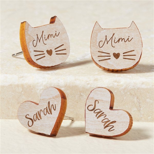 Cat & Heart Personalized Wood Stud Earrings - 49894