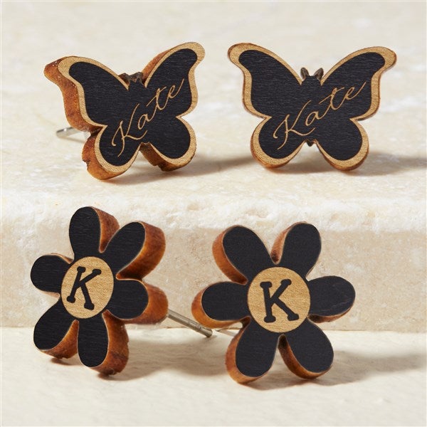 Butterfly & Flower Personalized Wood Stud Earrings - 49896