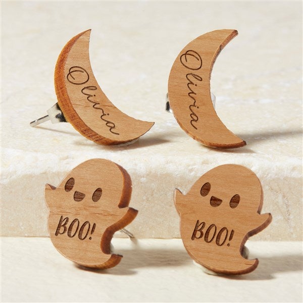 Ghost & Moon Personalized Wood Stud Earrings - 49900