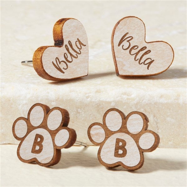 Heart & Dog Paw Personalized Wood Stud Earrings - 49901