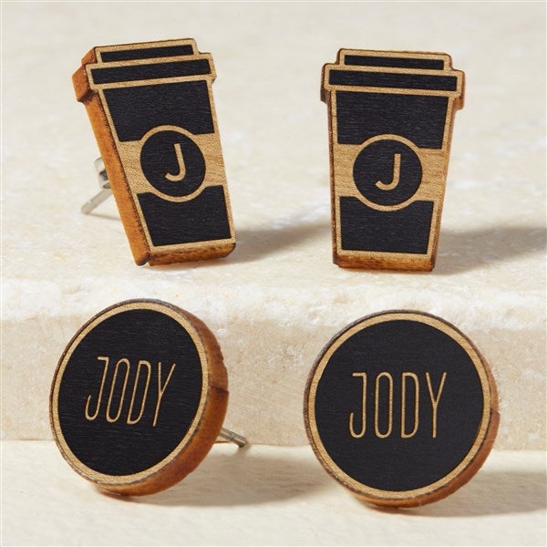 Coffee Cup Personalized Wood Stud Earrings - 49902