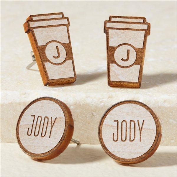 Coffee Cup Personalized Wood Stud Earrings - 49902