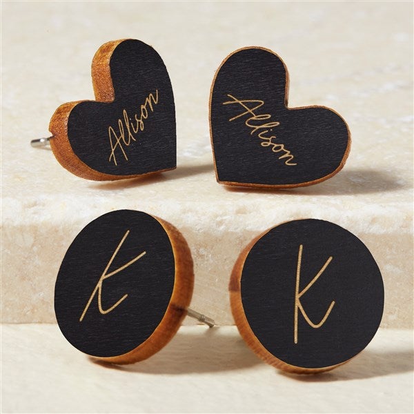 Heart & Circle Personalized Wood Stud Earrings - 50722