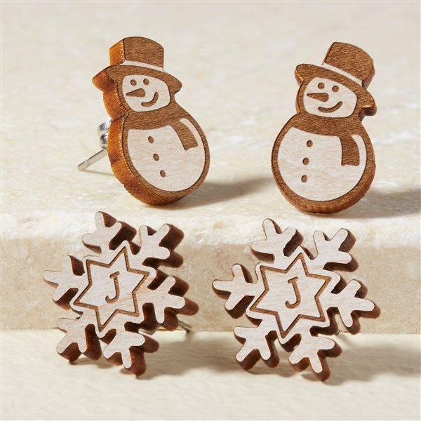 Snowman & Snowflake Personalized Wood Stud Earrings - 50723