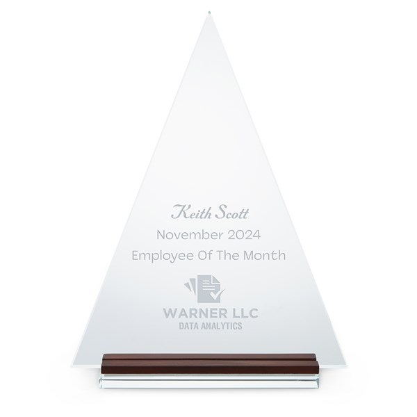 Engraved Logo Large Glass Triangle Award with Wood - 51601