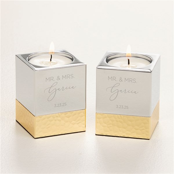 Elegant Couple Engraved Silver & Gold Hammered Metal Candle Holders - 52071