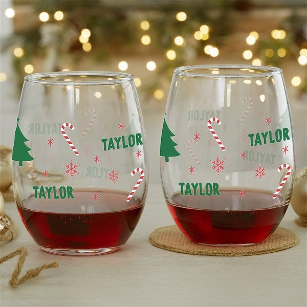 Festive Holiday Icons Personalized Wine Glasses  - 52320