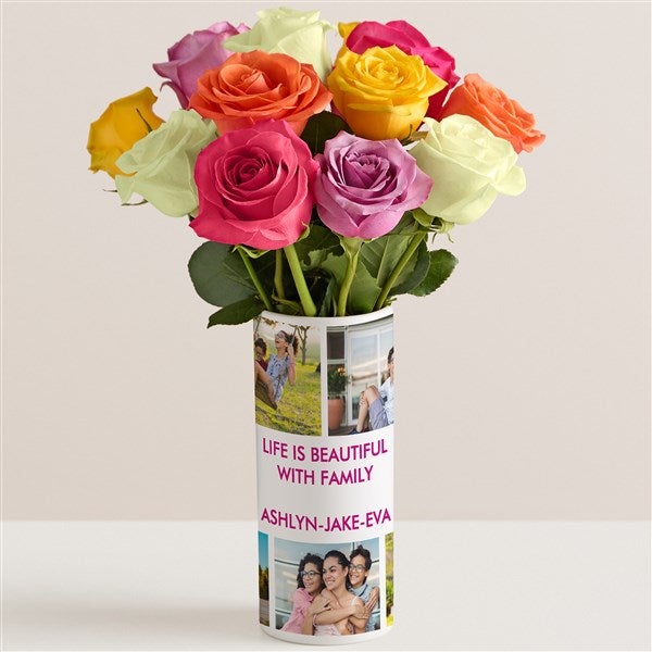 Photo Collage Personalized Vase with Live Rose Floral Bouquet - 52630