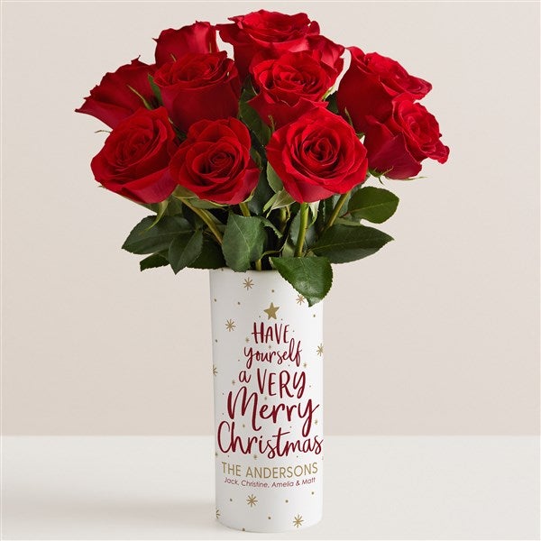 Very Merry Christmas Personalized Flower Vase & Red Rose Bouquet - 52635