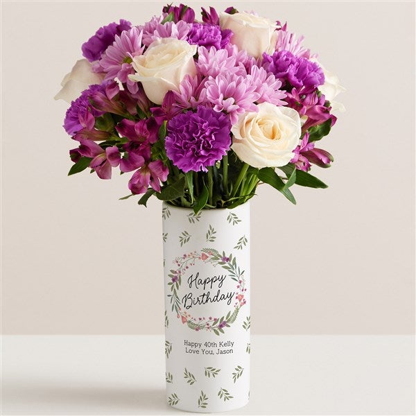 Birthday Wreath Personalized Vase with Mixed Floral Bouquet - 52639