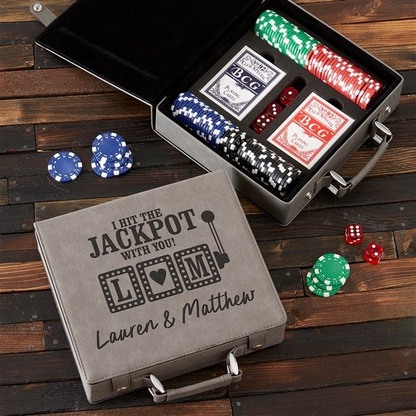 Hit the Jackpot Personalized Grey Leatherette Poker Chip Set - 52960