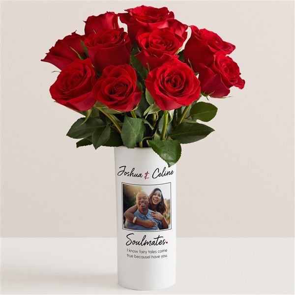 Soulmates Photo Personalized Vase with Red Rose Bouquet - 53055