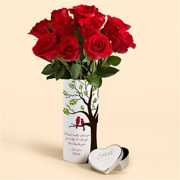 Love Birds Personalized Flower Vase with Red Roses & Jewelry Box Gift Set  - 53170