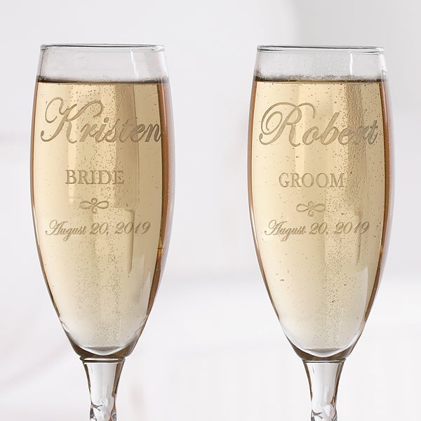 Engraved Crystal Champagne Flutes Bride And Groom Design