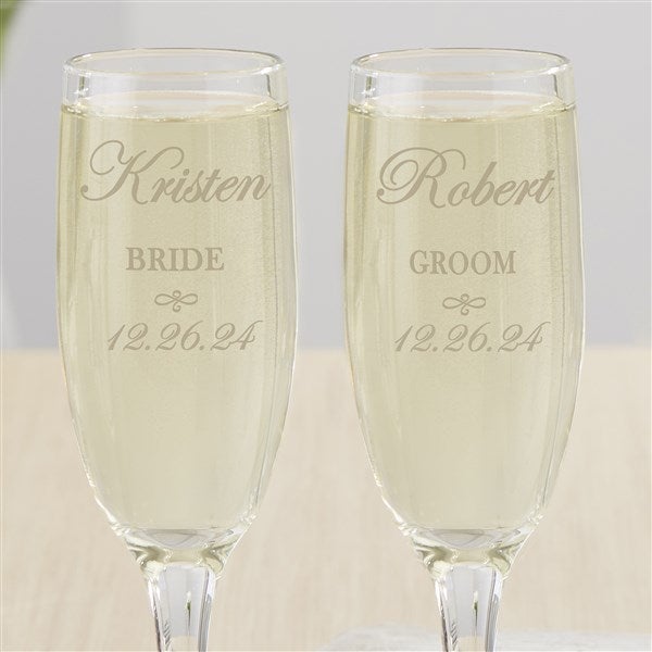 Engraved Crystal Champagne Flutes - Bride and Groom Design - 7095
